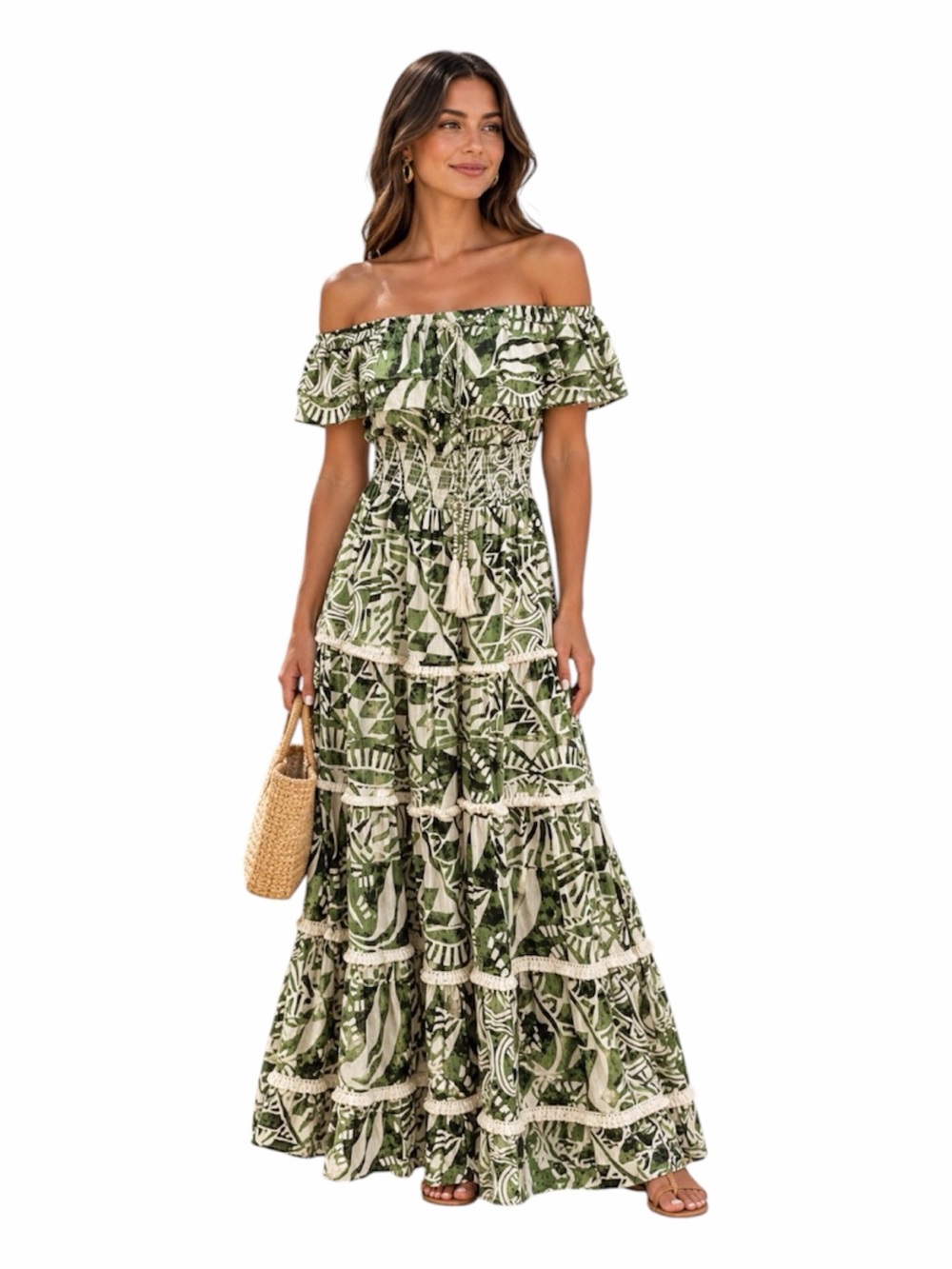 Dotti Olive Green Printed Tropical Tiered Off-Shoulder Maxi Dress